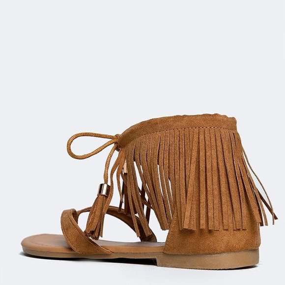 NEW Tan Fringe Ankle Cuff Lace Up Boho Flat Sandal Thong Open Toe - Picture 4 of 5